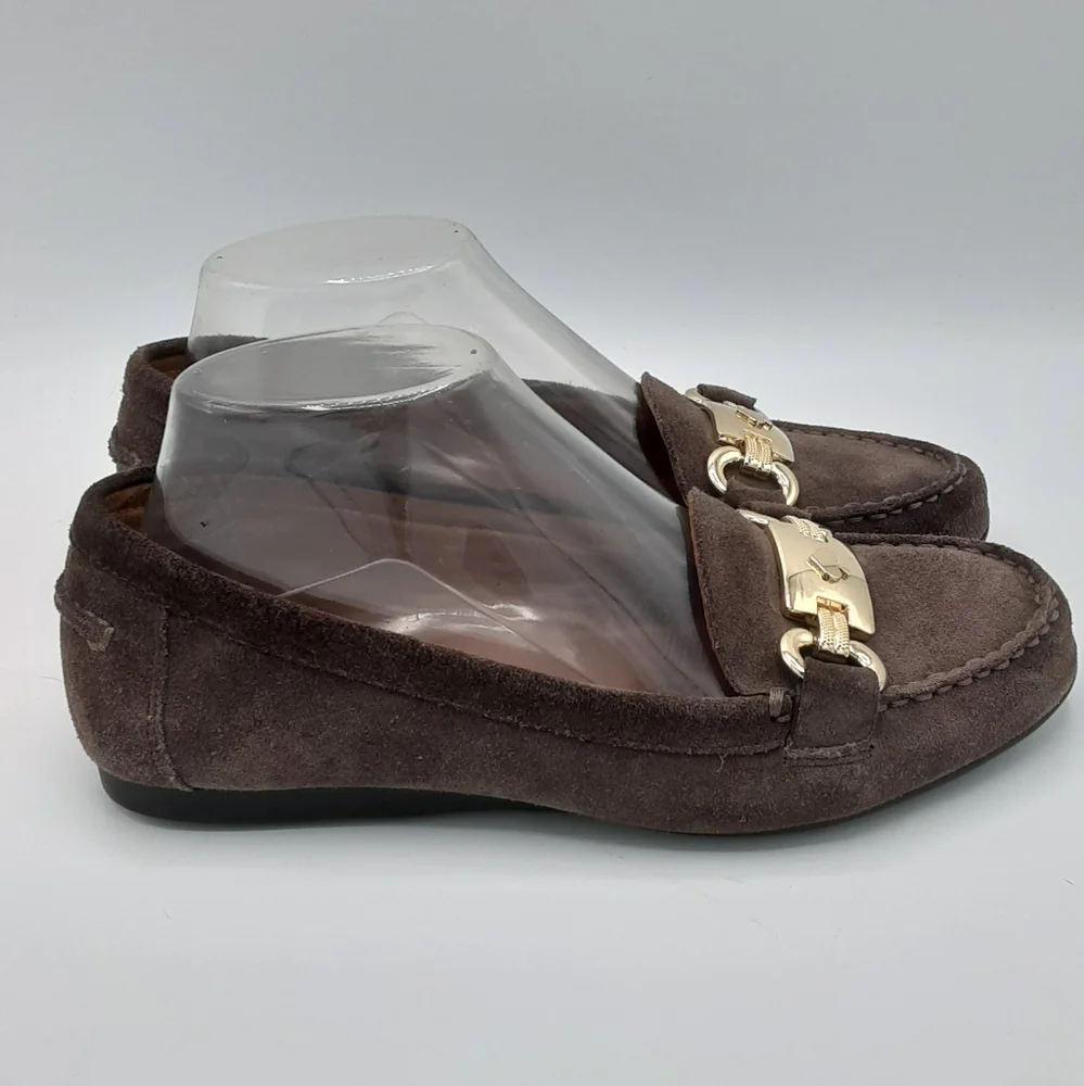 Kate Spade Brown Suede Loafers with Gold Tone Hardware.